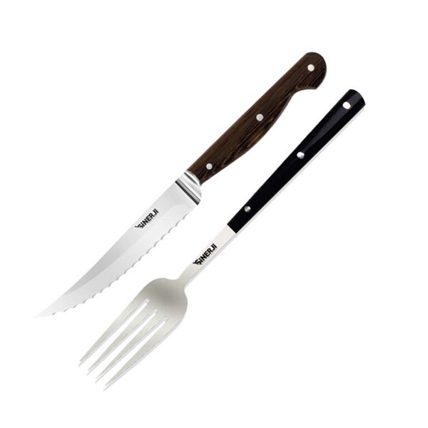Biftek Bıçağı& Çatal Seti Krom Bilezikli Wooden